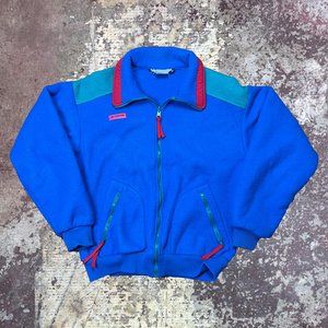 90s Columbia Blue Teal and Red Panel Fleece Jacket Zip Up Made in USA Medium